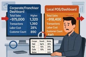 Franchise owner comparing mismatched business metrics on two different dashboards